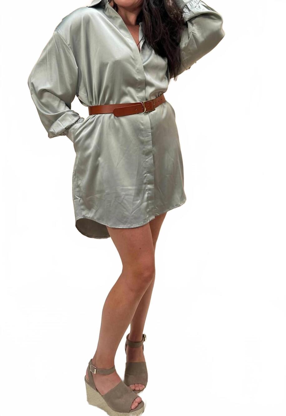 NEW STYLE RACK satin long sleeve shirt dress in sage